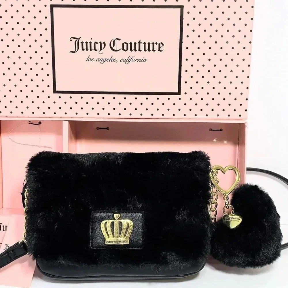 Juicy Couture Black Fur Bag & Heart Pom Pom Keychain Charm Gift Set